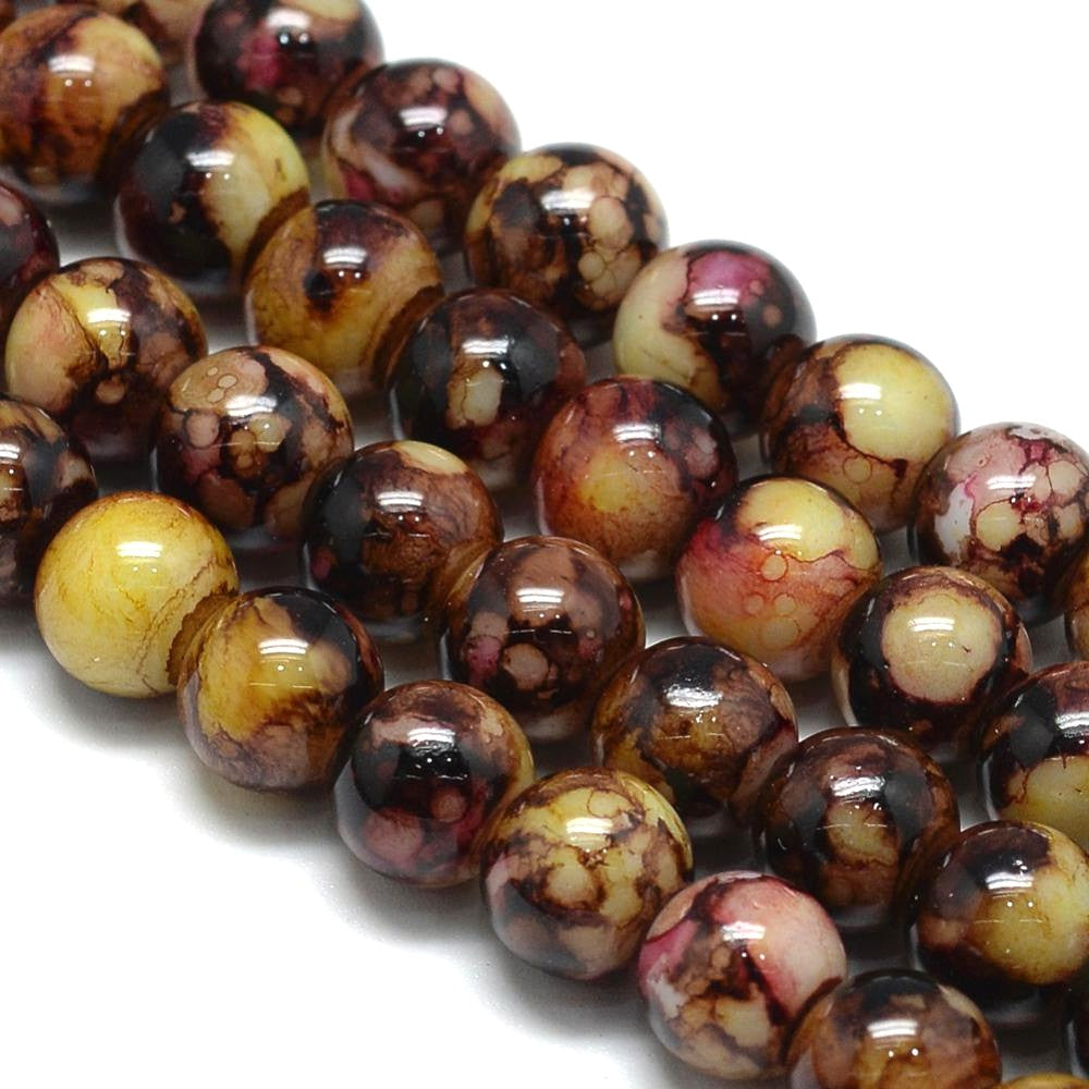 10mm Brown Mosaic Glass Round Beads
