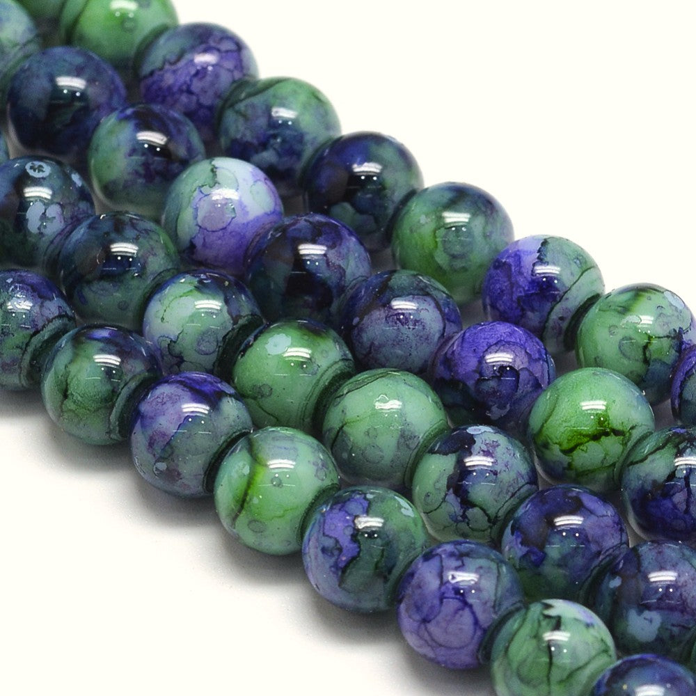 10mm Blue Green Mosaic Glass Round Beads