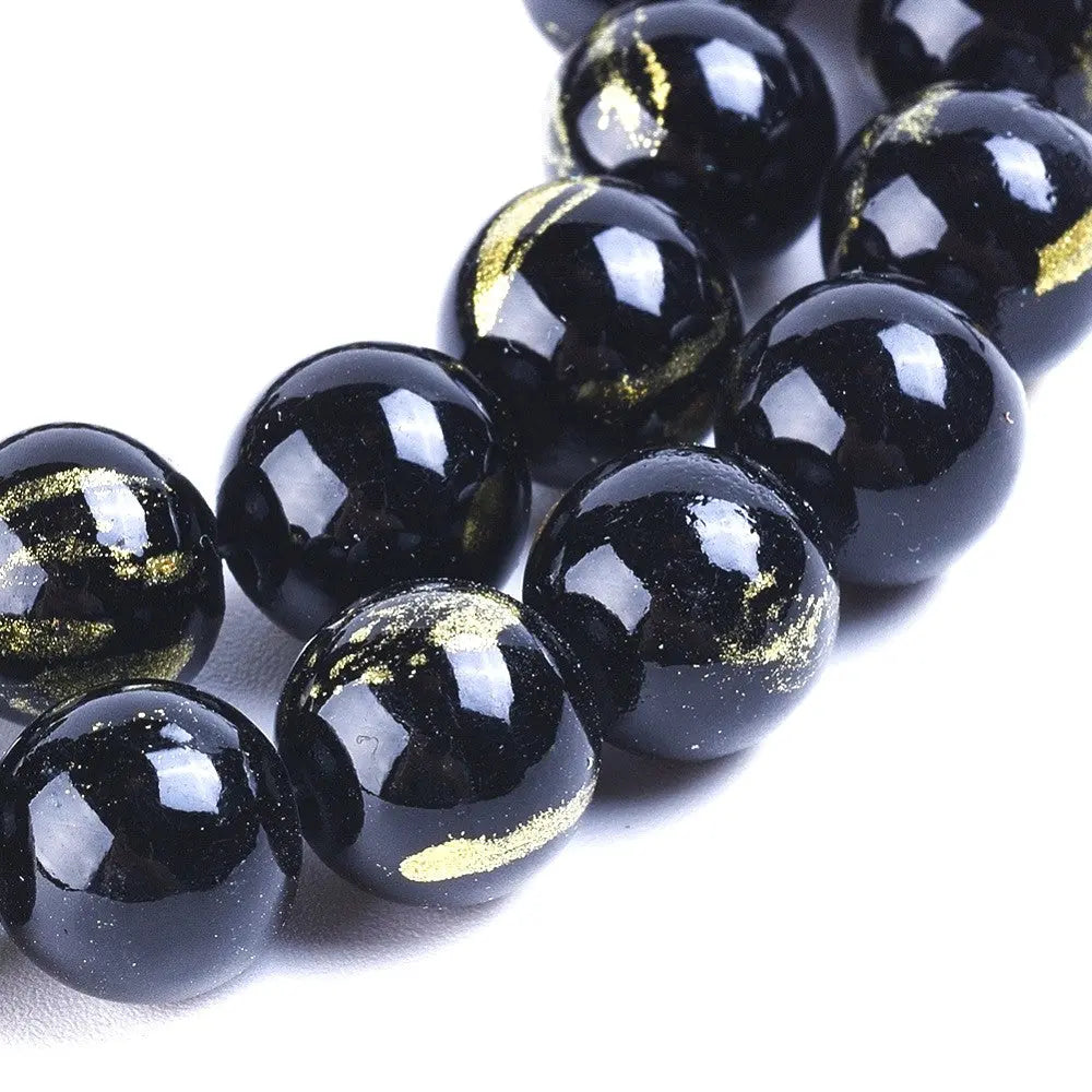 8mm Black Natural Jade Gold Foil Gemstones