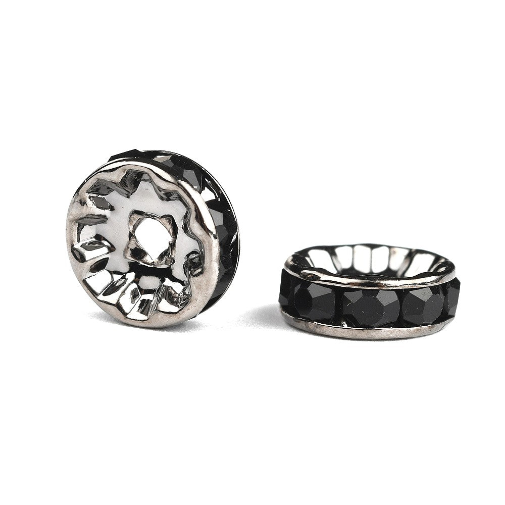 10mm Brass Gunmetal, Jet Rhinestone Rondelles