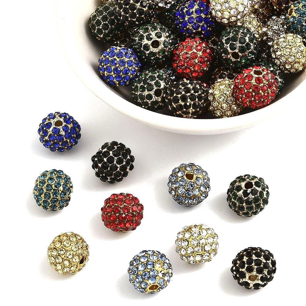 10mm Gold Alloy Rhinestone Round Beads, Grade A