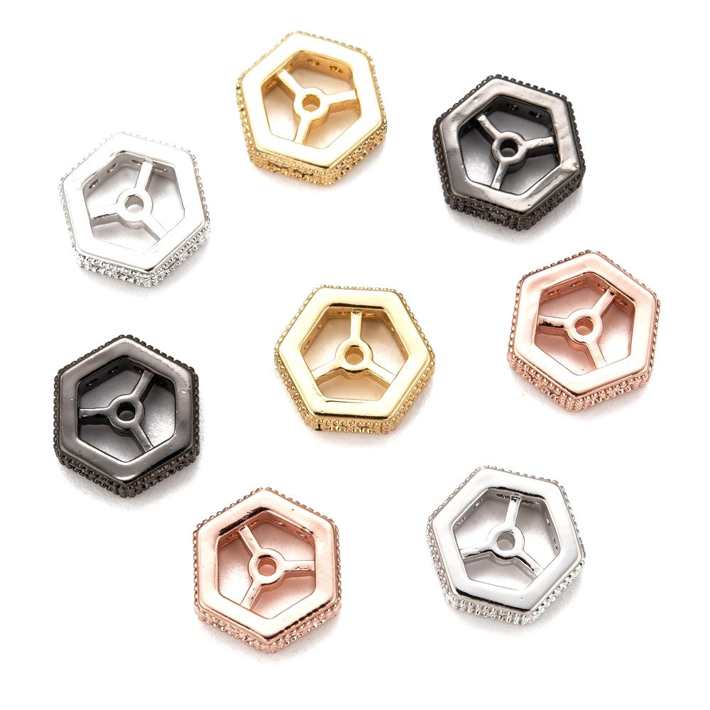 Hexagon Brass Micro Pave Cubic Zirconia Beads