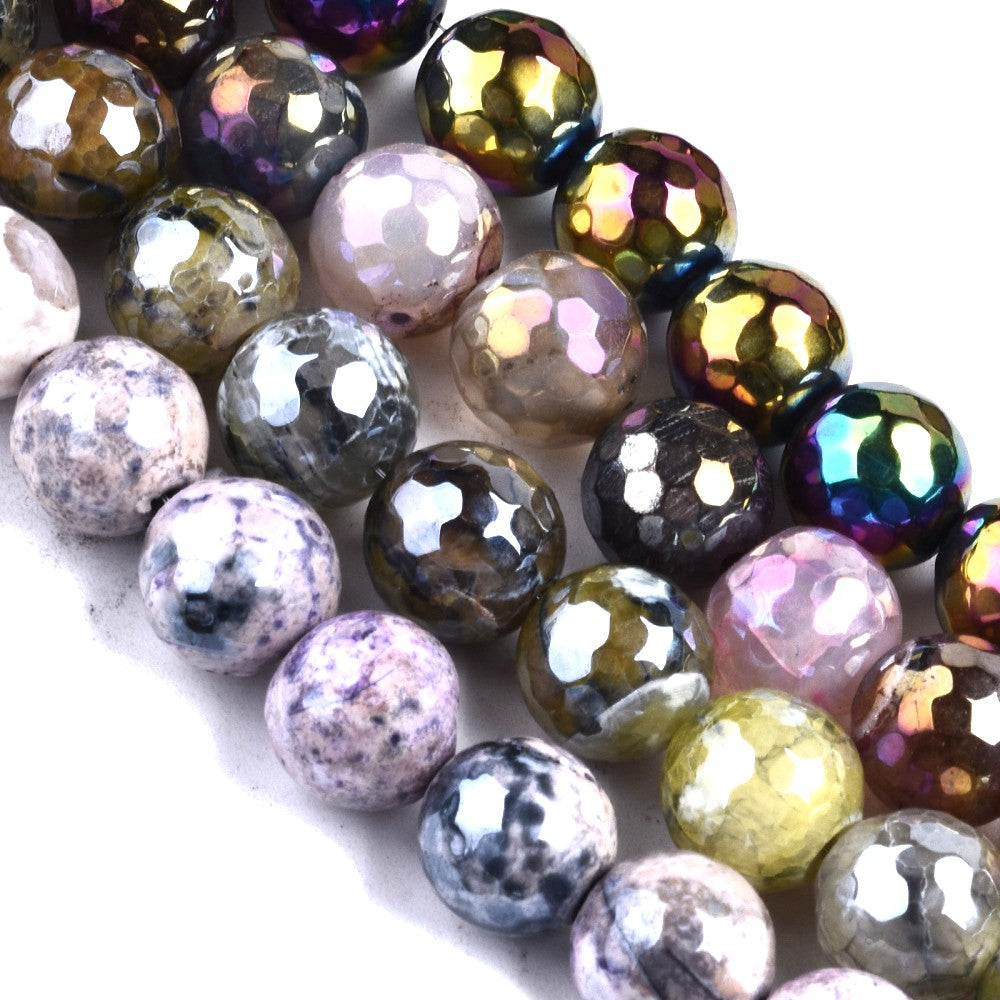 10mm Natural Agate Faceted Beads Pearl Luster Plated