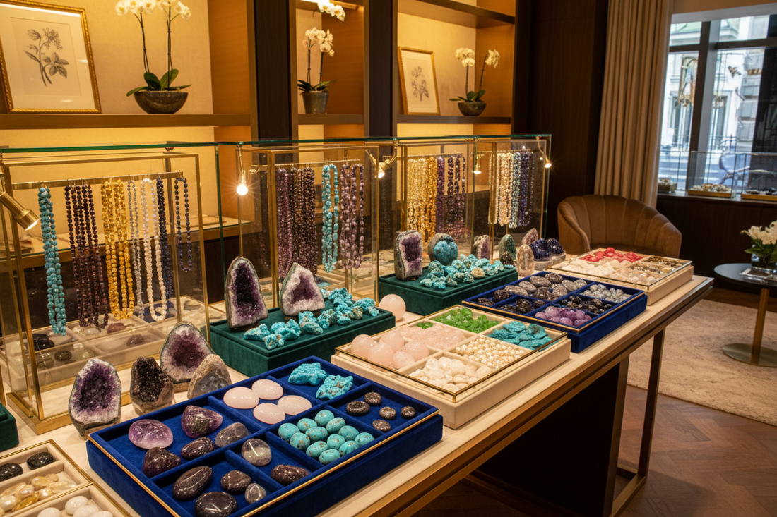 Premium gemstones at great prices displayed in elegant showcases and organized trays.