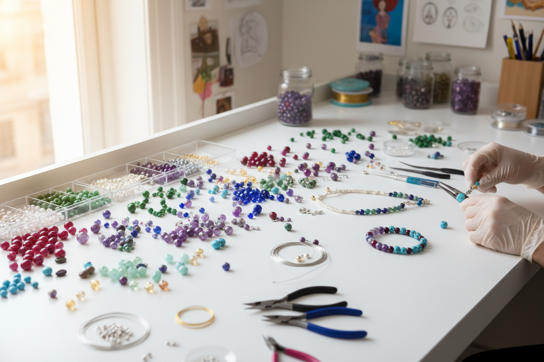A workspace for designing with Haute Girl beads showcasing colorful beads and tools.