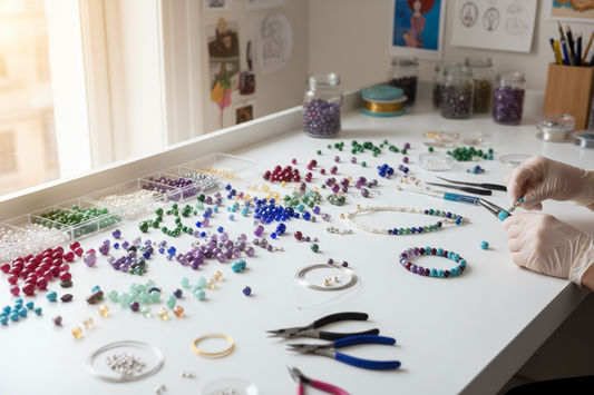 A workspace for designing with Haute Girl beads showcasing colorful beads and tools.