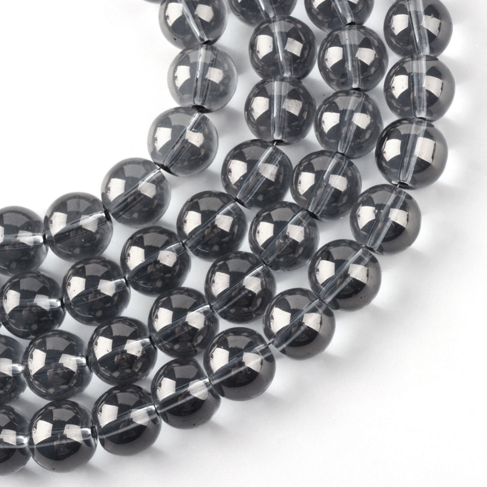 10mm Gray Electroplate Pearl Luster Plated, Round Glass Beads