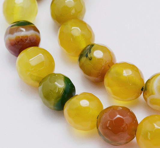 10mm Yellow-Green Faceted Natural Agate Dyed Round Gemstones
