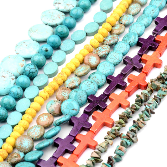 Colorful beaded bracelets with turquoise, yellow, purple, and orange beads on a white background.
