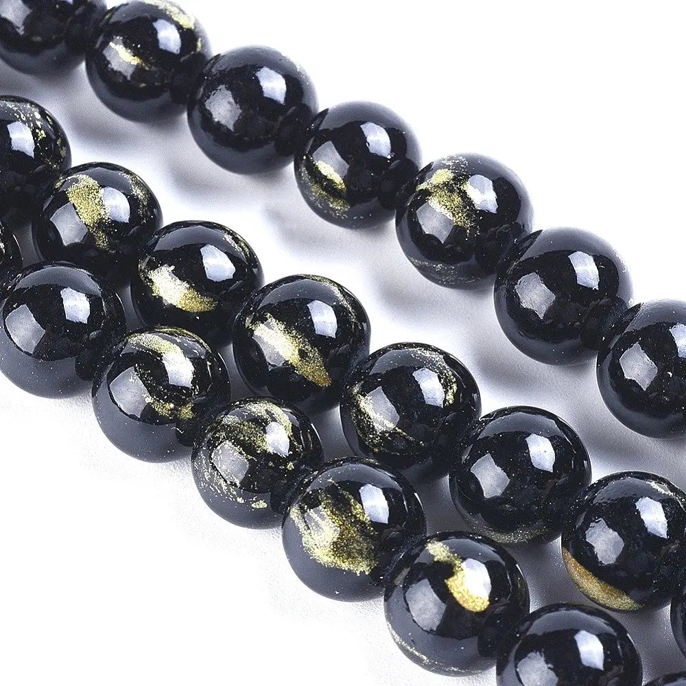 12mm Black Natural Jade with Gold Foil
