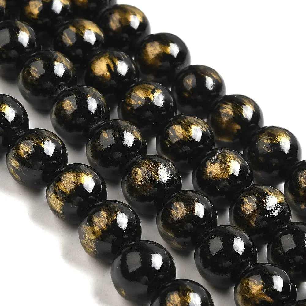 12mm Black Natural Jade with Gold Foil