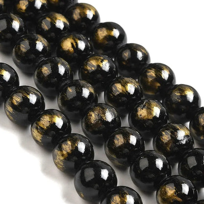 12mm Black Natural Jade with Gold Foil