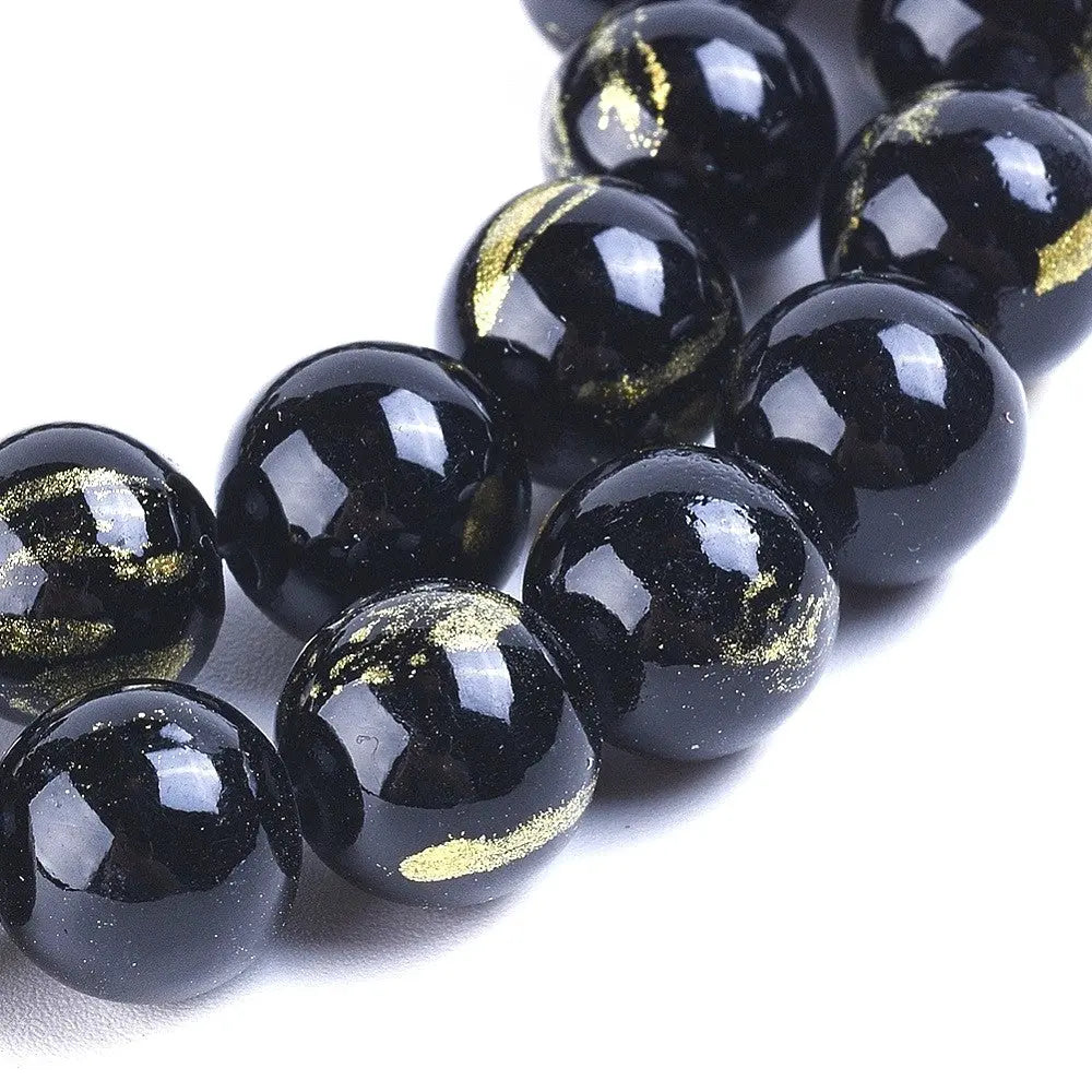 12mm Black Natural Jade with Gold Foil