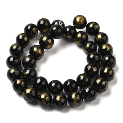 12mm Black Natural Jade with Gold Foil
