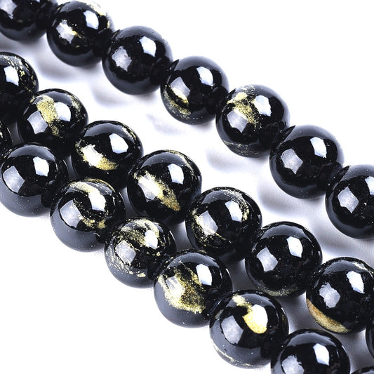 8mm Black Natural Jade Gold Foil Gemstones