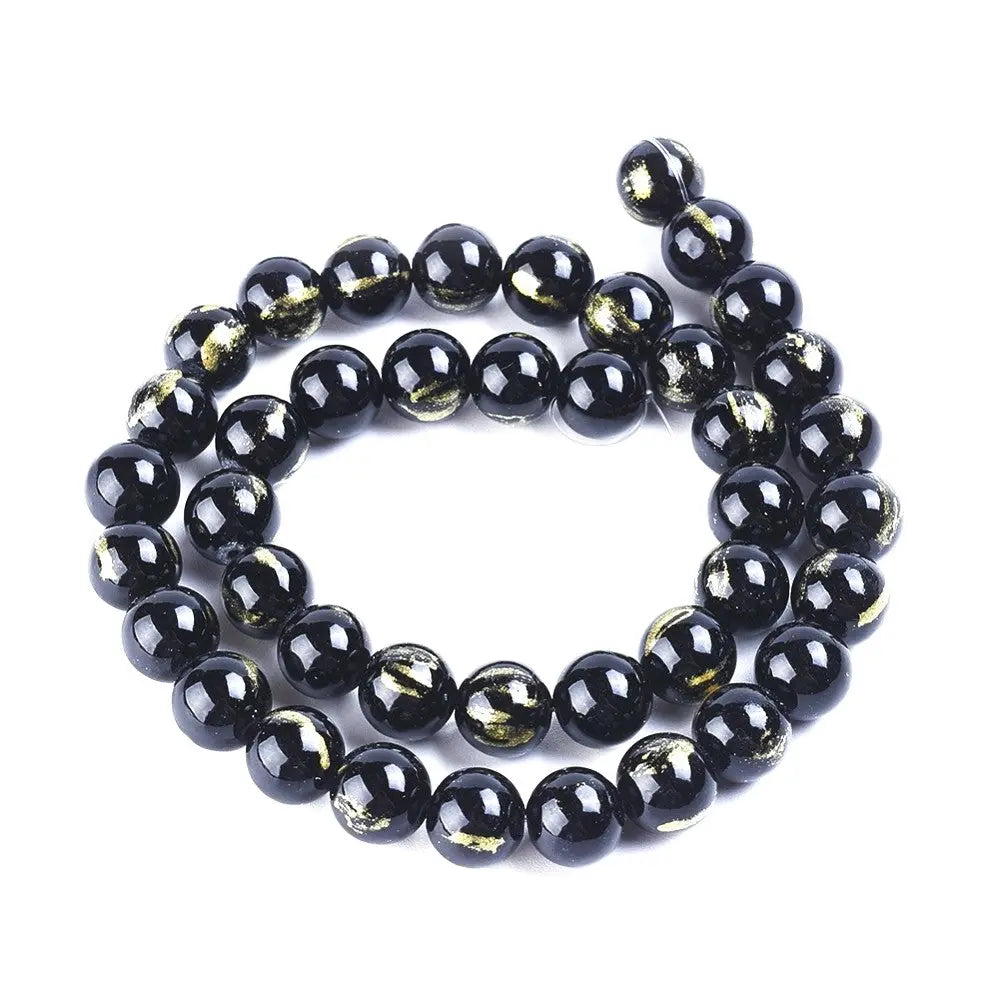 8mm Black Natural Jade Gold Foil Gemstones