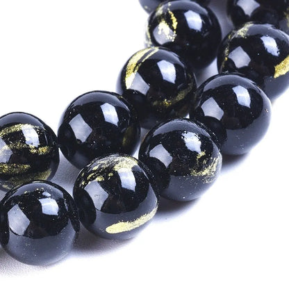 8mm Black Natural Jade Gold Foil Gemstones