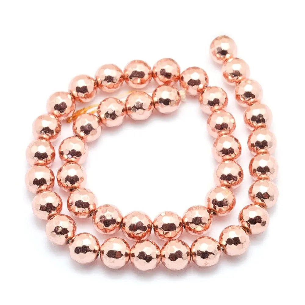 Perles rondes à facettes en hématite, plaquées or rose, de qualité AAA et inaltérables, de 10 mm.