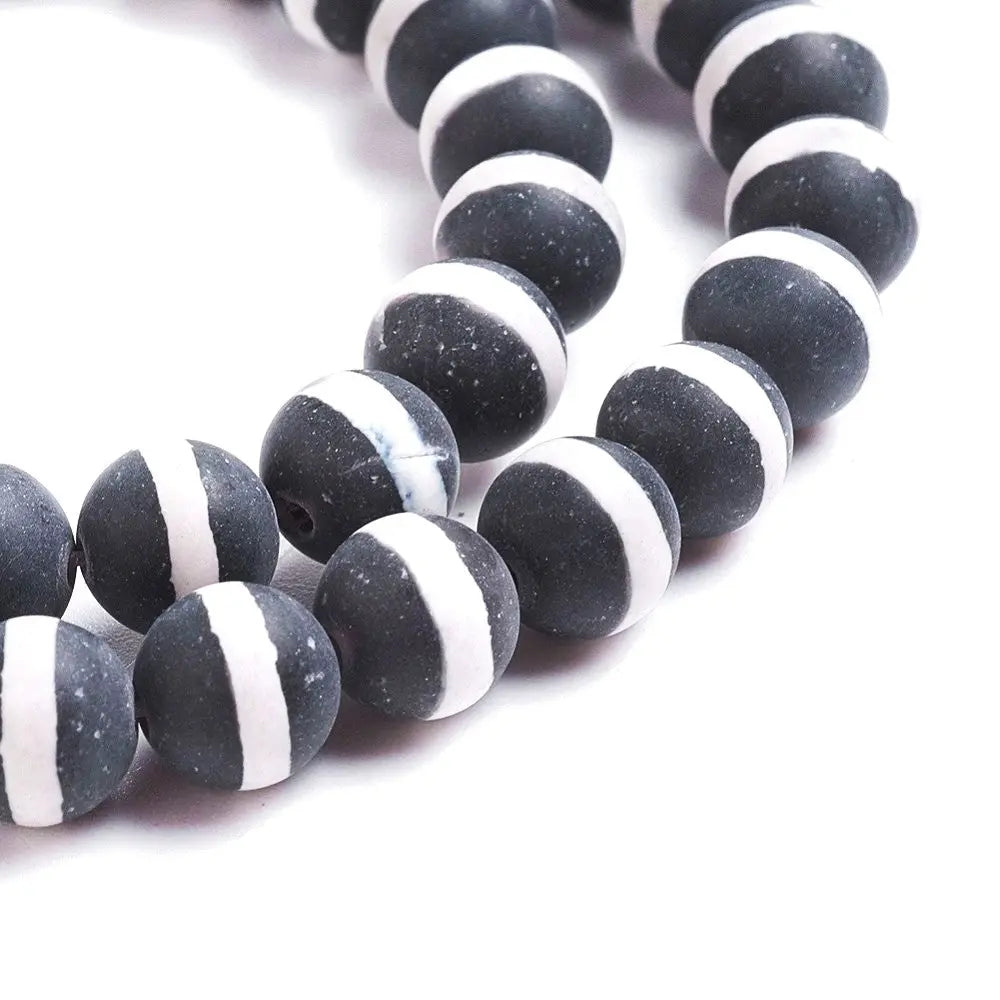 12mm Black Stripe Natural Tibetan dZi Agate Frosted Gemstones
