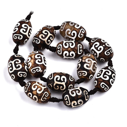 Oval Tibetan Style dZi Beads, Dyed Brown Natural Agate Gemstones