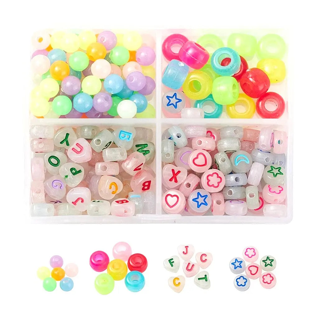 Mixed Color Luminous Acrylic & Plastic Beads, Horizontal Hole, Round & Rondelle & Heart & Flat Round