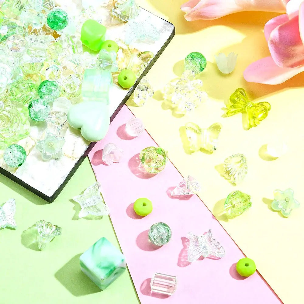 Green Opaque & Transparent Acrylic Beads, Mixed Shapes