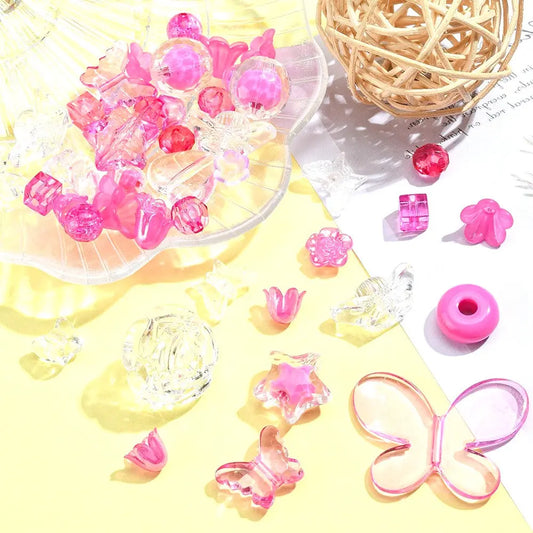 Fuchsia Opaque & Transparent Acrylic Beads, Mixed Shapes