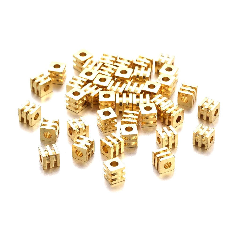 4mm Golden Brass Grooved Cube Spacer Beads, Non-Tarnish