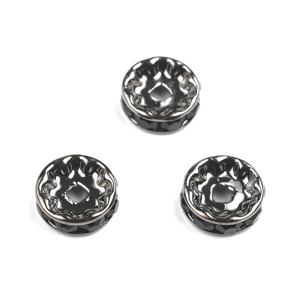 10mm Brass Gunmetal, Jet Rhinestone Rondelles