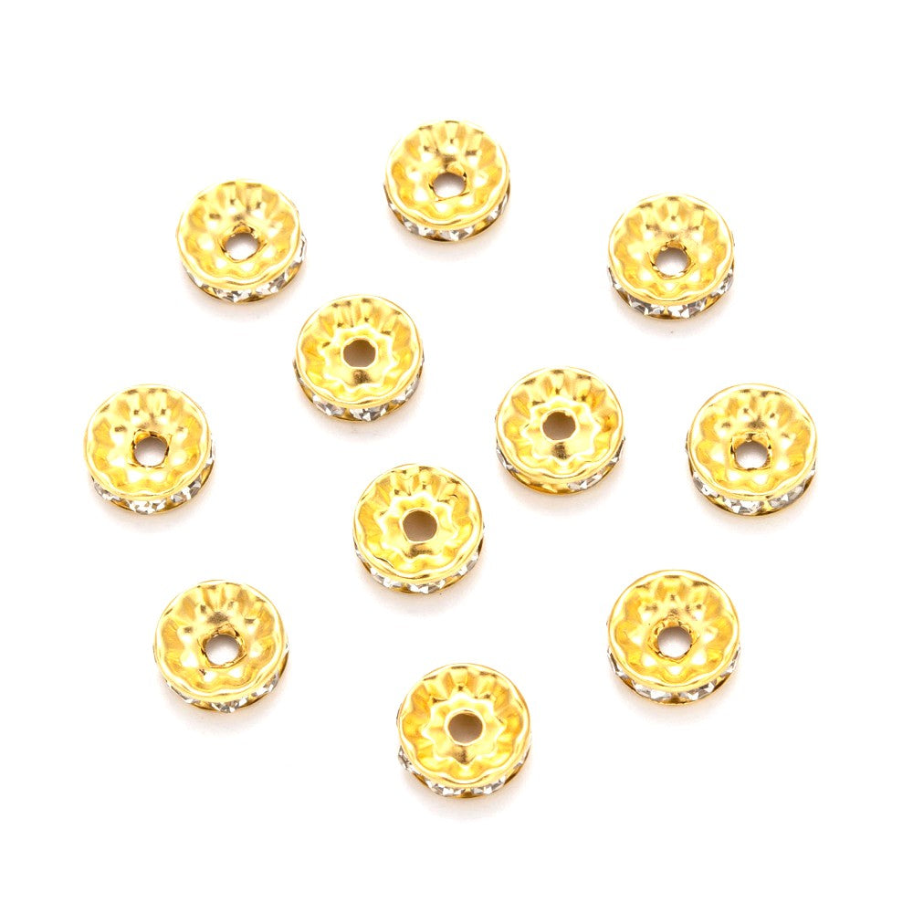 10mm Gold Iron Rhinestone Spacer Straight Edge Rondelles, Grade A