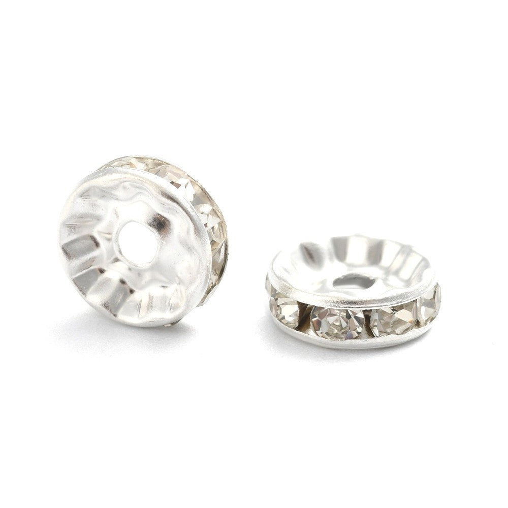 10mm Silver Iron Rhinestone Spacer Straight Edge Rondelles, Grade A