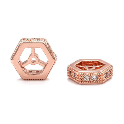 Hexagon Brass Micro Pave Cubic Zirconia Beads