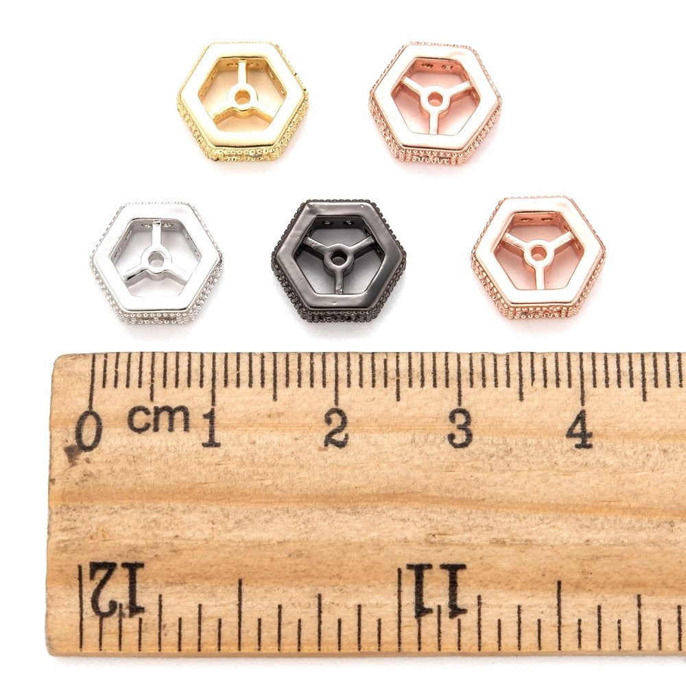 Hexagon Brass Micro Pave Cubic Zirconia Beads