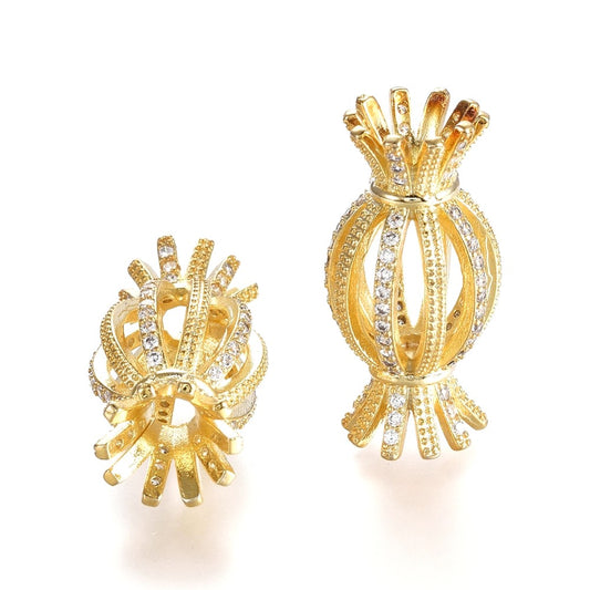18K Gold Plated, Hollow Brass Micro Pave Cubic Zirconia Bead