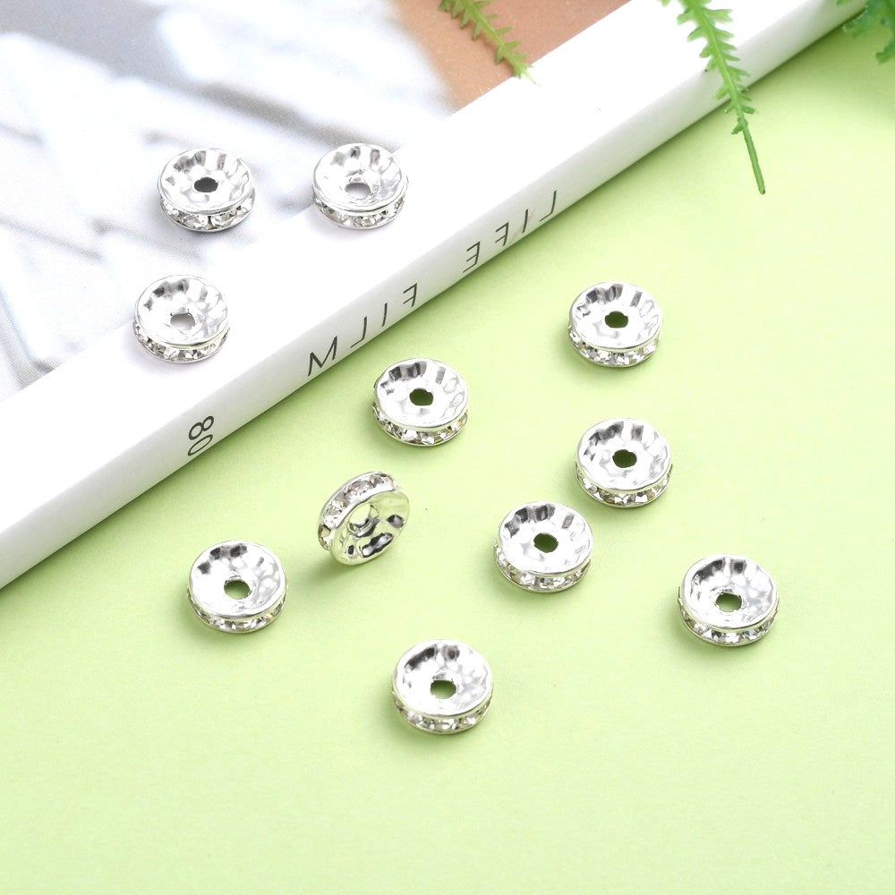10mm Silver Iron Rhinestone Spacer Straight Edge Rondelles, Grade A