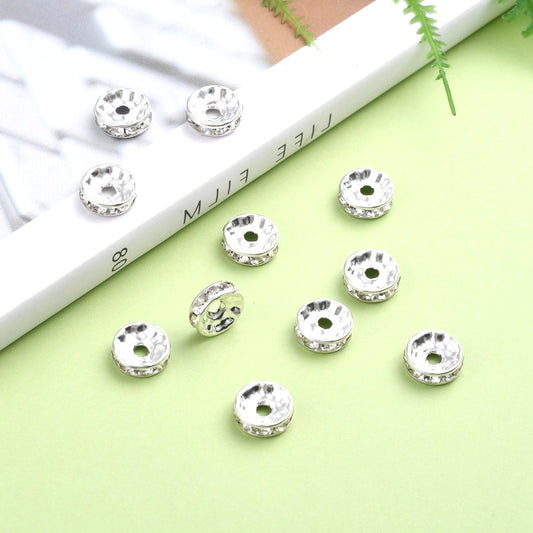 10mm Silver Iron Rhinestone Spacer Straight Edge Rondelles, Grade A